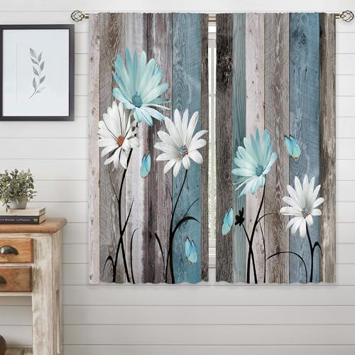Laifzere Teal Farmhouse Daisy Curtains, Wooden Flower Window Curtains 52x84 Inch for Bedroom Living Room Decor, Rustic Flo...