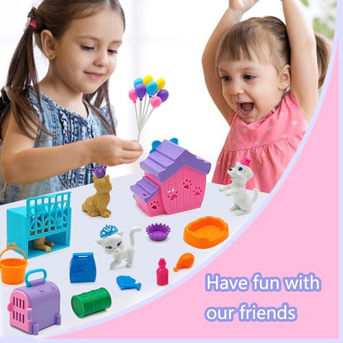 Dolls Accessories Playsets Dog Cat Figures with House Cage Pet Pretend Play Toys for Doll Toddlers 3-5 age 5-7 Girls Kids ...