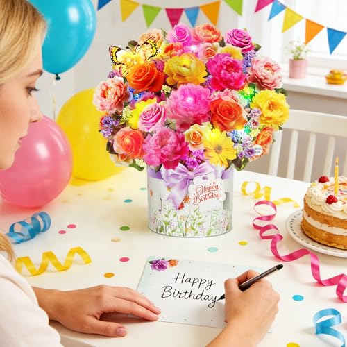 XTF2015 Birthday Cards with MUSIC & LIGHTS, Happy Birthday Card, Peony & Butterfly, 13 Inch Life Sized Forever Flower Bouq...