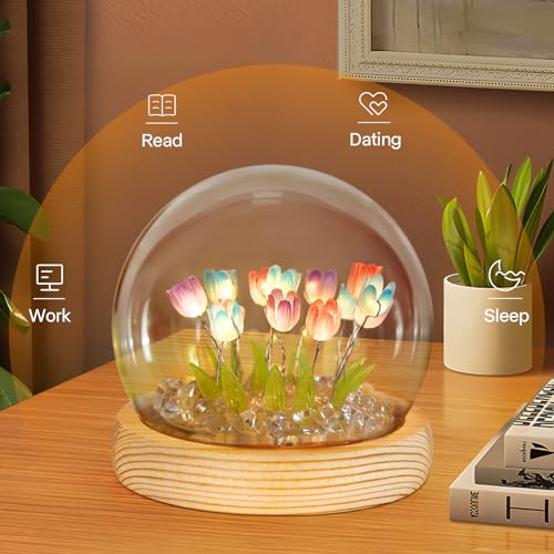 ONXE White Elephant Christmas Gifts for Adults Teens,Tulips Night Light Small Glass Flower Lamp for Home Decor Romantic Bi...