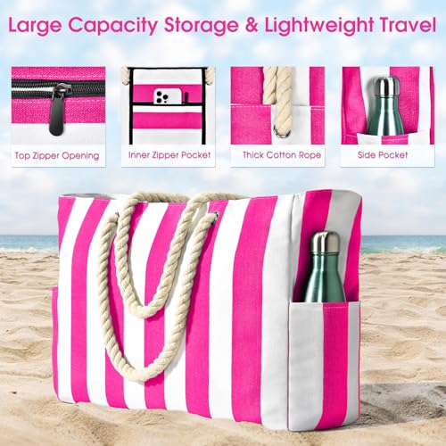 Becokan Women's Pool Swim Bag - Waterproof Sandproof Large Stripe Beach Tote with Zipper