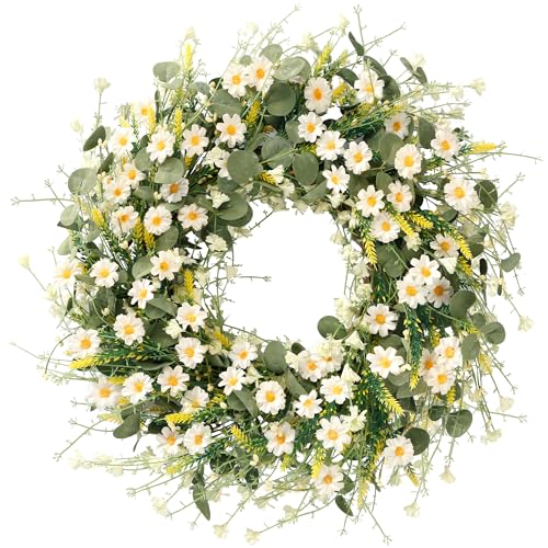 Sggvecsy White Daisy Wreath 24 Inch with Fake Silk Floral Green Eucalyptus Leaves and Lavender for Spring Summer Front Doo...