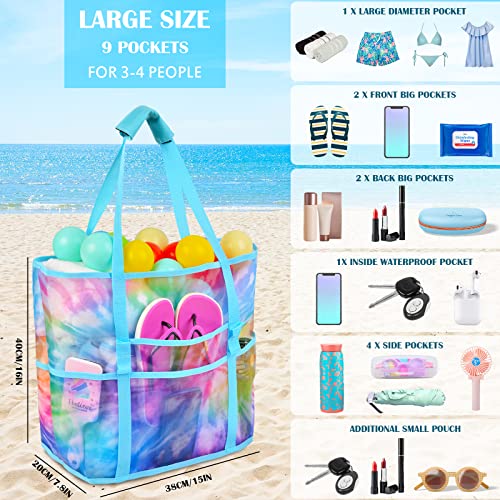 Mesh Beach Bag - Large Beach Tote Bag Women Pool Bags with Zipper 10 Pockets Foldable Beach Toy Bag for Towel, Flip Flops