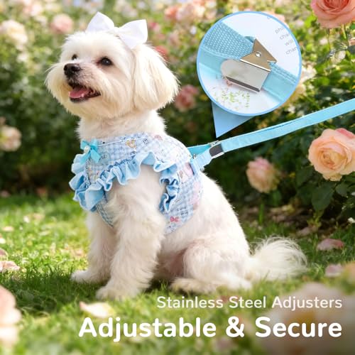 ABRRLO Small Dog Harness and Leash Set Soft Breathable Mesh No Pull Puppy Harness with Bowknot Adjustable Cute Blue Dog Ve...