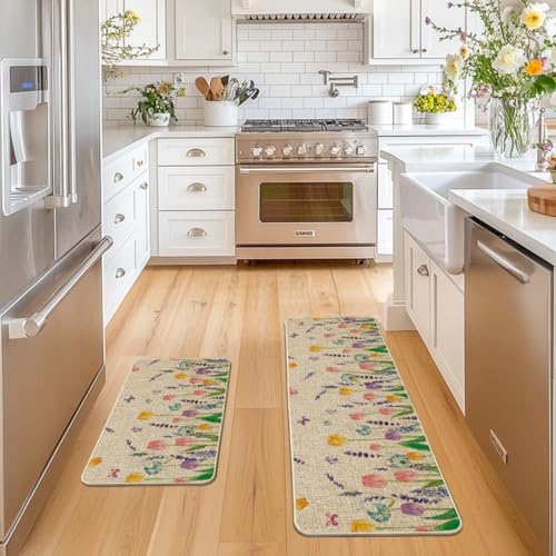 Artoid Mode Lavender Tulip Spring Kitchen Mats Set of 2, Seasonal Flower Summer Home Decor Low-Profile Kitchen Rugs for Fl...