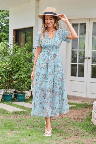 Women's Floral Maxi Dress Flowy V Neck Empire Waist Summer Wedding Guest Party Casual Chiffon Dress