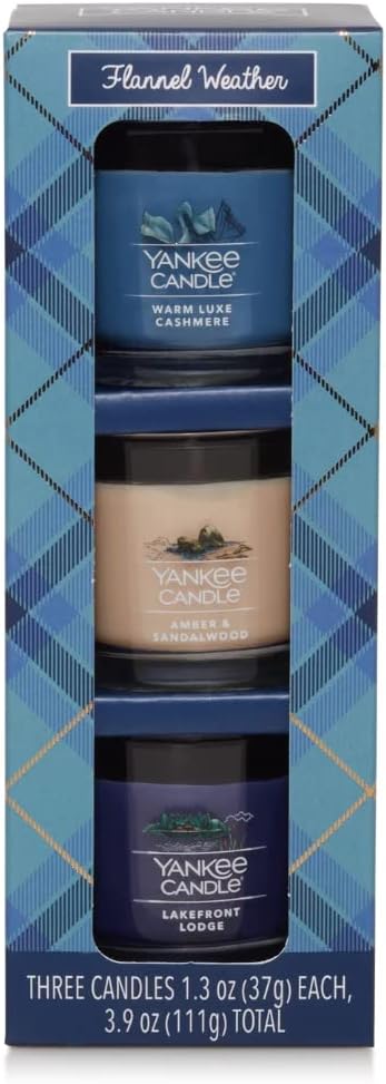 Yankee Candle Flannel Weather Gift Set 3 Mini Candles - Warm Luxe Cashmere, Amber & Sandalwood, and Lakefront Lodge