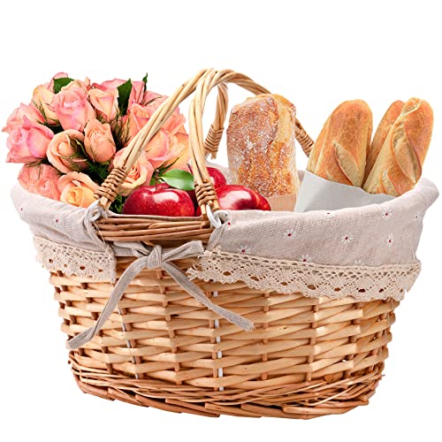 Peohud Wicker Picnic Basket, Woven Empty Easter Basket for Gifts, Picnic Hamper with Double Folding Handles, Willow Garden...