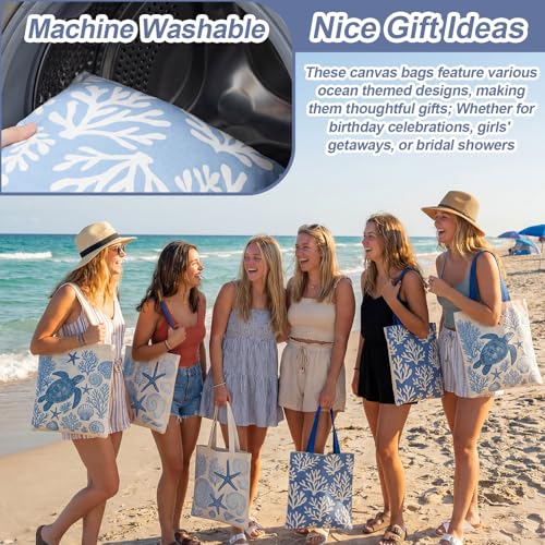 Reginary 6 Pcs Coastal Canvas Tote Bags with Pocket Summer Beach Themed Gifts Blue Seashell Starfish Conch Coral Pattern
