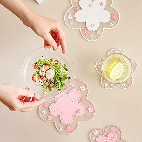 Sakura Coffee Cup Mat Kawaii Coaster 2PCS Cute Cherry Blossom PVC Home Tea Mug Pink Flower Pattern Anti-Skid Pot Bowl Pad ...