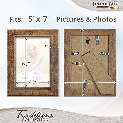 Icona Bay - 5x7 Chestnut Brown Picture Frame - Rustic Wood Pattern - Lightly Distressed Frame for Table Top Display or Wal...