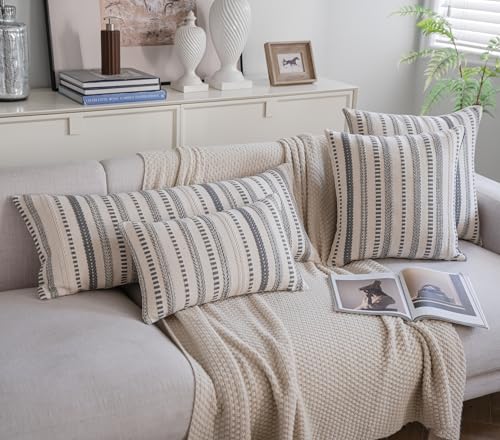 Cethom Grey Boho Lumbar Pillow Covers 14x36 Long, Stripe Textured Decorative Couch Pillow Cases for Bed, Sofa, Living Roo...