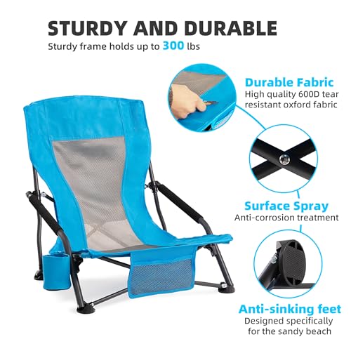 Foristrail Portable Folding Beach Chair for Adults Set of 2 - Lightweight Low Back Sling Chair with Cup Holder & Storage P...