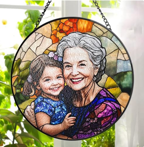 LOVELYPOD Personalized Grandma Stained Glass Sun Catcher, Photo Family Portrait Faux Window Hanging Ornament, Custom Photo...