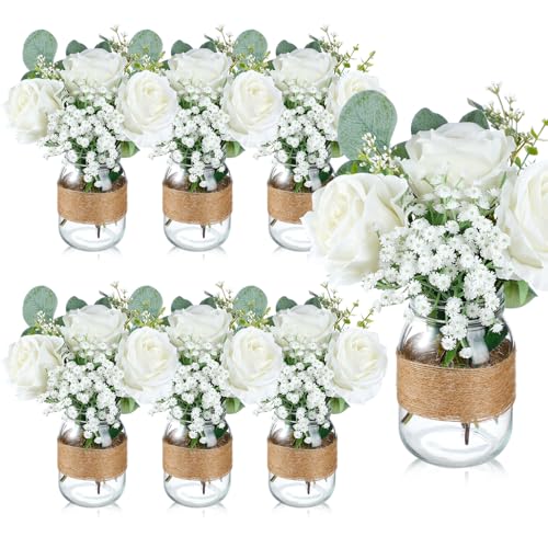 Yuxung 43 Pcs/ 6 Set Rose Mason Jar Table Centerpiece Mason Jar Vases Faux Floral with Rope Boho Rustic Flower Table Decor...