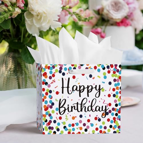 Horaldaily 13" Large Birthday Gift Paper Bags with Tissue Paper and Card, Happy Birthday Dots Streamers Gift Paper Bag for...
