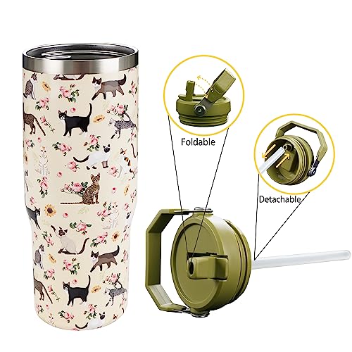 Exacmos 30oz Floral Cat Tumbler with Handle and Straw, Stainless Steel Vacuum Insulated Coffee Tumbler, Travel Mug Water B...