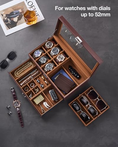 ProCase Mens Jewelry Box, Lockable 6 Slot Watch Case & 3 Slot Sunglasses Organizer, 2-layer Mens Jewelry Organizer Watch B...