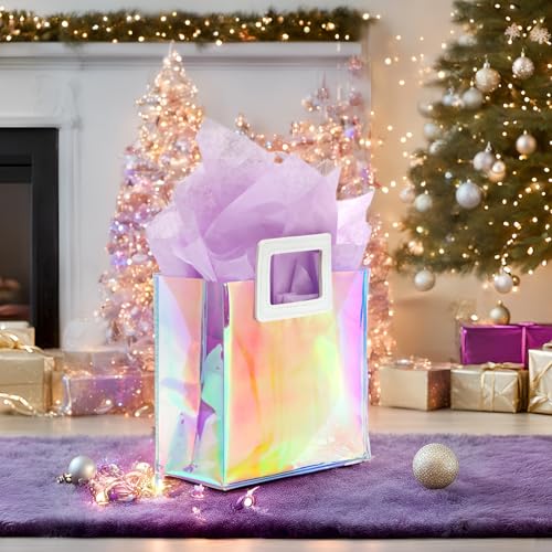 KeerxunBag 1 Pack Holographic Gift Bags with Handles & 2 Tissue Paper Sheets – Iridescent Transparent Reusable Bags for Wo...