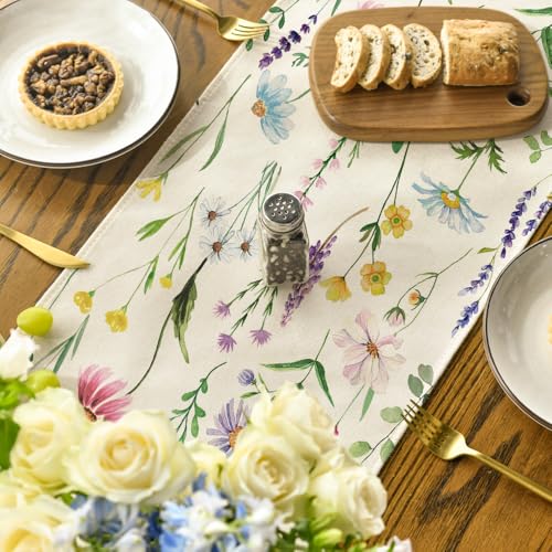 Artoid Mode Wildflowers Floral Eucalyptus Spring Table Runner, Seasonal Summer Kitchen Dining Table Decoration for Home Pa...