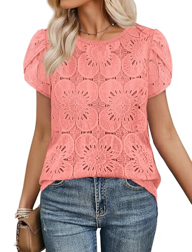 OFEEFAN Blouses for Women Dressy Casual Petal Short Sleeve Shirts Crochet Lace Boho Tops Spring Fashion Summer Outfits