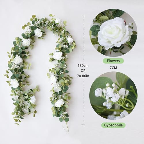 Anna's Whimsy 5.91FT Artificial Eucalyptus Garland with Flowers, Fake Flower Rose Gypsophila, Faux Floral Greenery Garland...