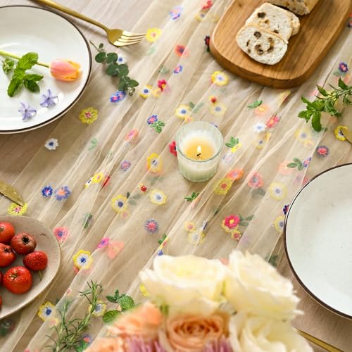 Artoid Mode Champagne Embroidery Daisy Gauze Table Runner 120 Inch 10FT, Seasonal Sheer Kitchen Dining Holiday Wedding Bir...