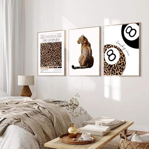 Trendy Leopard Wall Art Set of 3 Funky Lucky 8 Ball Posters Prints Preppy Room Aesthetic Cheetah Wall Decor Pictures for G...