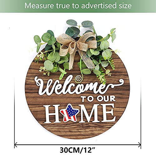 Interchangeable Seasonal Welcome Sign Front Door Decoration, Rustic Round Wood Wreaths Wall Hanging Outdoor, Farmhouse, Po...