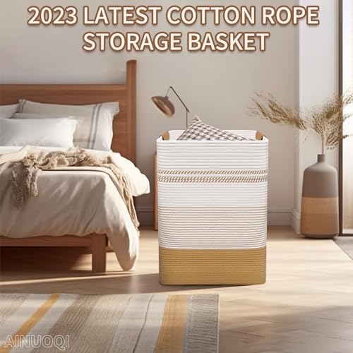 Large Laundry Hamper Basket, 85L Cotton Rope Woven Storage Bin for Blankets, Dirty Clothes Toys, Decorative Tall Basket wi...