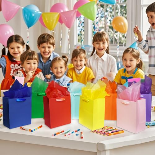 MOXARYSU 8 Pcs Medium Gift Bags With Handles: 8x5x10 Rainbow Colour Gift Bags Kraft Paper Party Favor Bags With 16 Tissues...