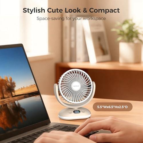 TriPole Desk Fan Small Quiet Rechargeable Portable Fan for Travel with Smart Display & LED Light, 31H Runtime, 4 Speeds Mi...