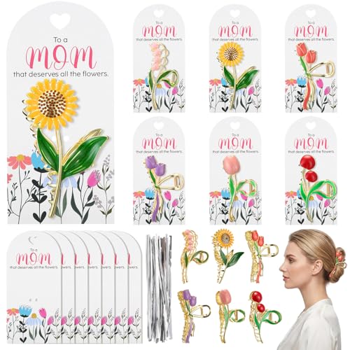 Yinkin 12 Sets Bulk Gift for Mother's Day Floral Metal Hair Clips with Thankful Greeting Cards Hair Clips for Women DIY Mo...