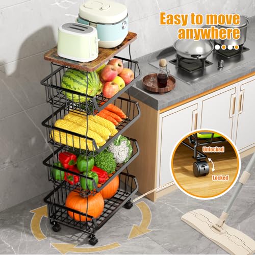 Gsiekare Fruit Vegetable Basket for Kitchen, 5 Tier Stackable Fruit Vegetable Storage Baskets with Wheels, Metal Wire Stor...