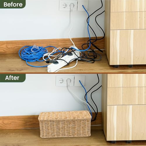 Cable Management Box, Handmade Rattan Cable Organizer with 2 Open Slots, Cord Hider for Power Strip, Router & USB Hub, Reg...