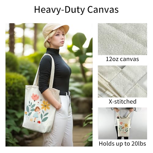 itgowisa Canvas Tote Bag for Women, Aesthetic Tote Bag with Zipper Pocket for Grocery Travel Work Gift, Canvas Shopping Bag