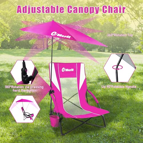 EMERIT Low Beach Chairs for Adults with Removable UPF 50+ Umbrella, Lightweight Folding Backpack Camping Chair with Cup Ho...
