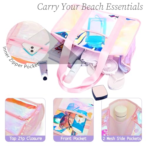 Fammart Iridescent Clear Beach Bags Waterproof Sandproof for Women, Large Jelly Tote Zipper Pool Bag Cruise Essentials 2026