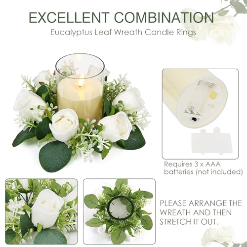 Acmee White Rose Candle Rings with Flameless Candles Sets - 12PCS Artificial Flower Eucalyptus Wedding Centerpiece 3 Inch ...