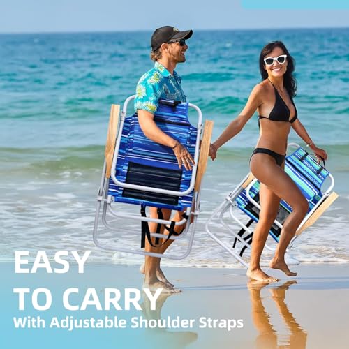 Tall Beach Chairs for Adults, 17" High Backpack Beach Chair with Wooden Armrests, 5 Positions Reclining Heavy Duty Chair w...