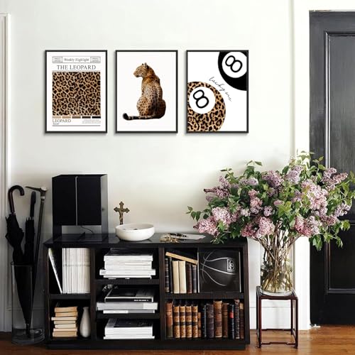 Trendy Leopard Wall Art Set of 3 Funky Lucky 8 Ball Posters Prints Preppy Room Aesthetic Cheetah Wall Decor Pictures for G...