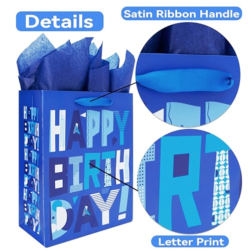 wishinside 13" Large Blue Gift Bags Set with Greeting Card and Tissue Papers (Blue Happy Birthday) for Men's Birthday Part...