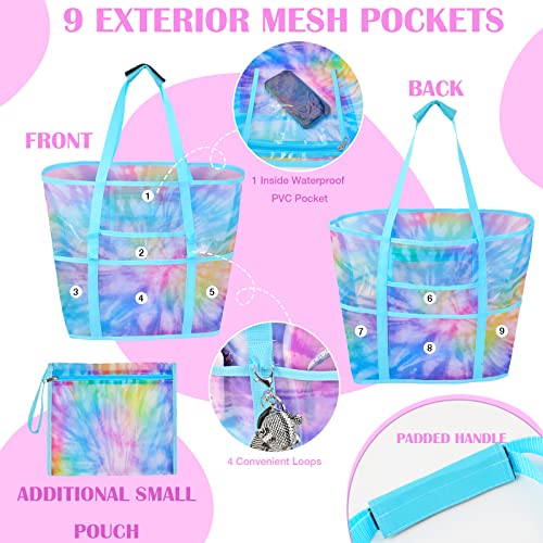 Mesh Beach Bag - Large Beach Tote Bag Women Pool Bags with Zipper 10 Pockets Foldable Beach Toy Bag for Towel, Flip Flops