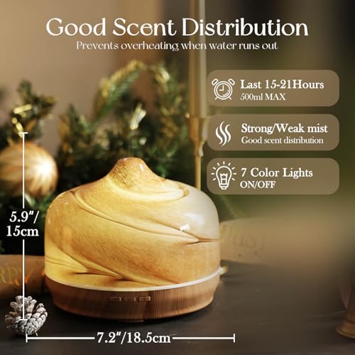 Porseme 500ml Glass Essential Oil Diffuser Aromatherapy Ultrasonic Cool Mist Humidifier 15-21 Running Hours Waterless Aut...
