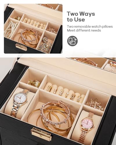 Homde Synthetic Leather Huge Jewelry Box Mirrored Watch Organizer Necklace Ring Earring Storage Lockable Gift Case (Black...
