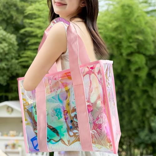 TotePrint PVC Waterproof Holographic Colorful Tote Handbag with Small Mobile Phone Bag for Beach, Travel and Shopping（0.4MM）