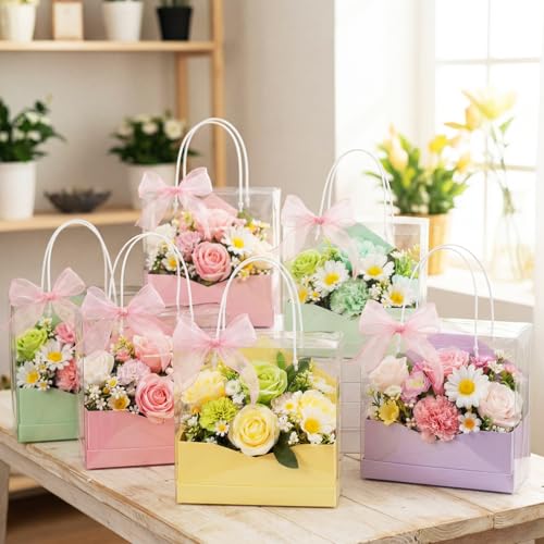 Resurhang 8 Set Flower Gift Boxes for Arrangement Mother's Day Flower Bags with Envelope Gift Boxes Clear plastic Bags wit...