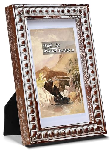 Gdfmsc 4x6 Rustic Picture Frame with Mat for 3x5, Decorative Distressed Beaded Wooden Real Glass, Vertical or Horizontal D...