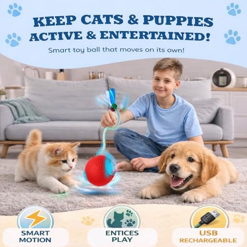 GlowPounce Interactive Rolling Ball Toy for Indoor Cats & Small Dogs – Motion-Activated Smart Moving Ball with LED Lights...