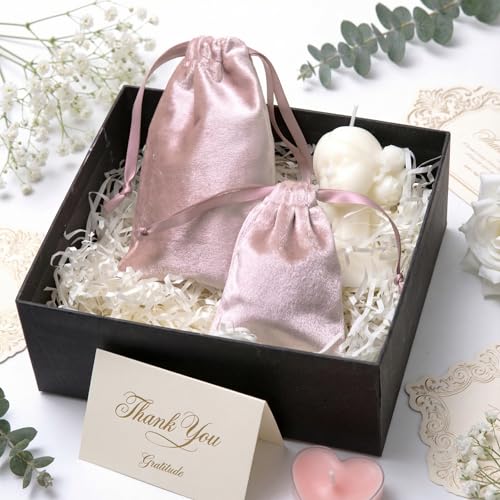 QIANF 12pcs Rose Pink Velvet Drawstring Bags 3x4 inches Glossy Small Velvet Cloth Gift Bags Jewelry Pouches for Storage We...